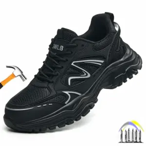 Zwarte werkschoenen, lichtgewicht veiligheidsschoenen, anti-lek beschermende werksneakers, ademende veiligheidslaarzen, industriële schoenen