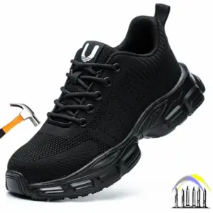 Zwarte veiligheidsschoenen met stalen neusbescherming, beschermende werklaarzen, anti-crush en anti-steek, ademend, lichtgewicht, antislip werkschoenen voor heren
