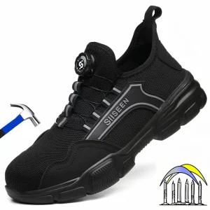 veiligheidsschoenen met draaiknop, zwarte lichte werkschoenen voor heren, anti-smash laarzen met stalen neus, lekbestendige beschermende werksneakers
